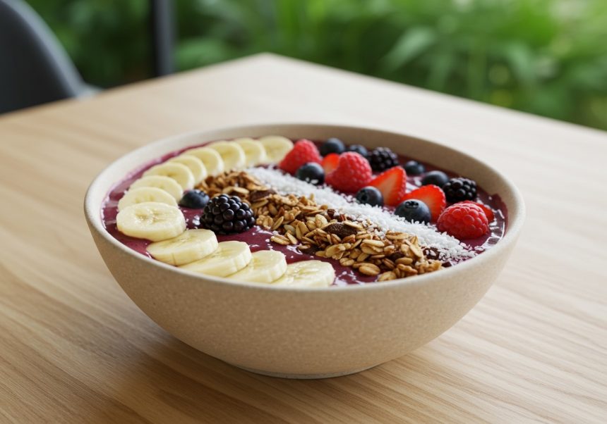 Miska s acai práškom, banánom, bobuľami a granolou na drevenom stole.