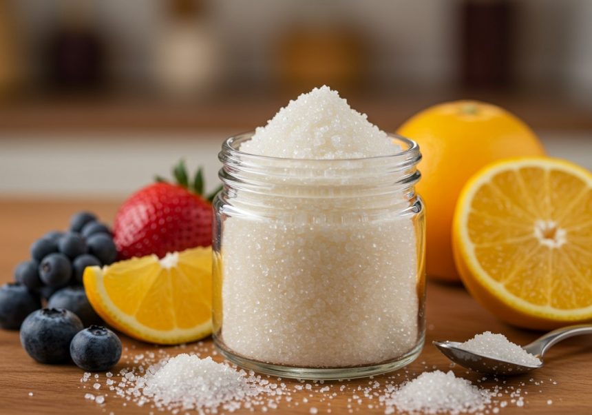 Sklenená nádoba s bielym sladidlom, okolo ovocie ako jahody a citróny.