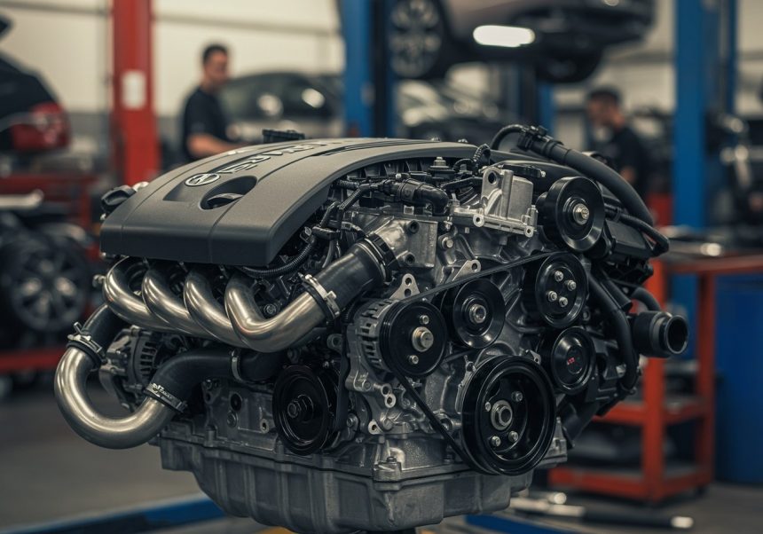 Detailný pohľad na automobilový motor s viacerými hadicami a súčiastkami.