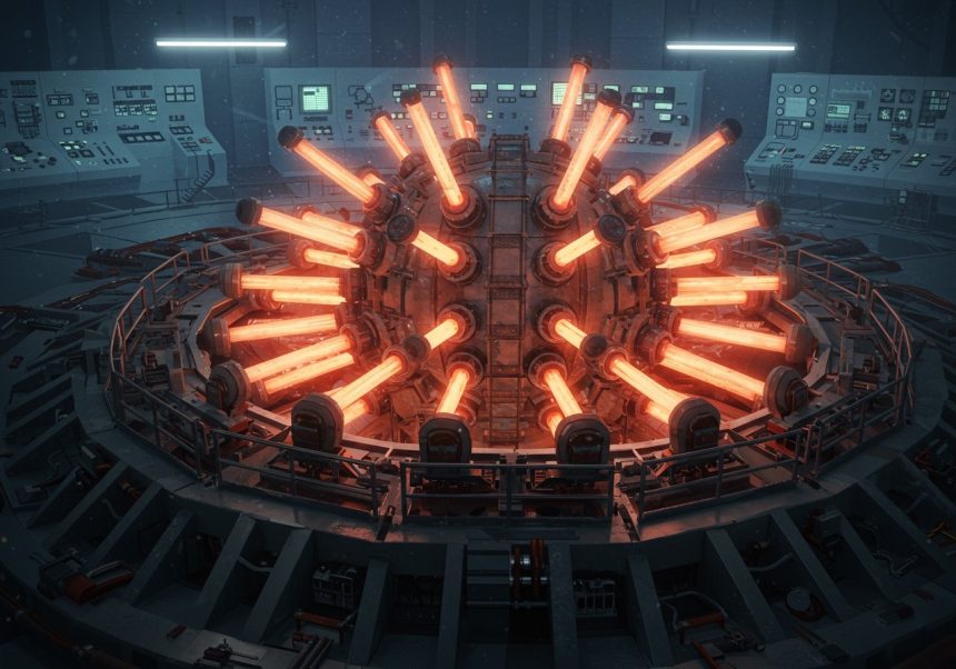 Jadrový reaktor s jasne svietiacimi trubicami a ovládacími panelmi v pozadí.