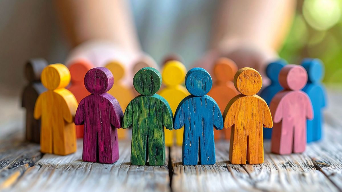 Farebné drevené postavičky symbolizujúce rôzne sociálne skupiny a interakcie.