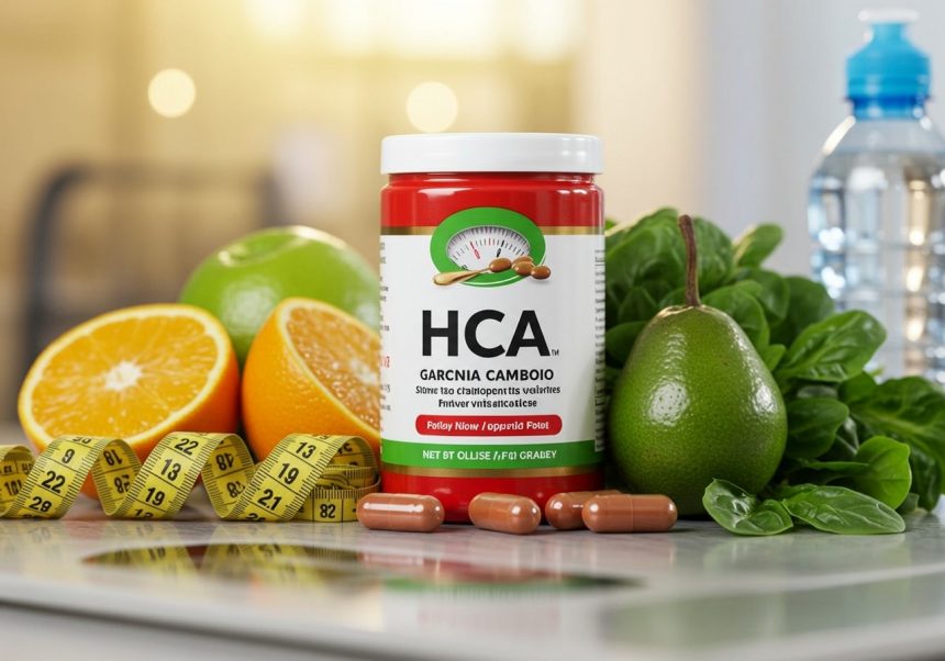 HCA kapsuly z Garcinia cambogia, ovocie a zelenina na stole.