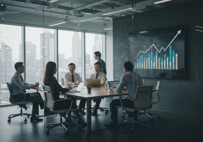 Skupina profesionálov diskutuje o marketingových stratégiách v modernom kancelárskom prostredí.