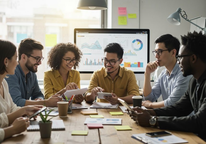 Skupina mladých profesionálov diskutuje o stratégiách v kancelárii.