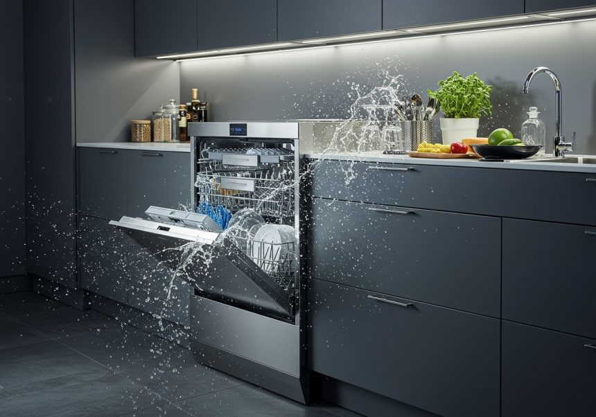Moderná umývačka riadu s otvorenými dverami a vodou striekajúcou von.