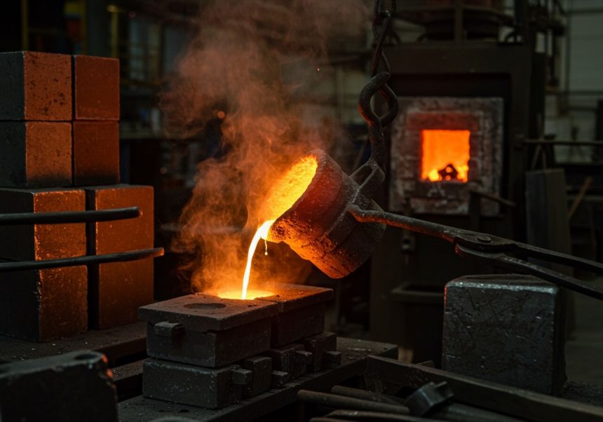 Tavenie kovu v priemyselnej peci, teplota a para ovplyvňujú vlastnosti materiálov.