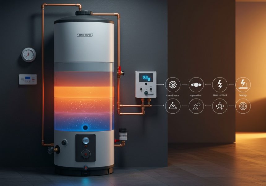 Vrstvový zásobník teplej vody s rôznymi teplotnými vrstvami a ovládacím panelom.