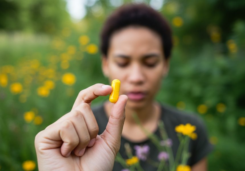 Žena drží žltú kapsulu levocetirizínu pred pozadím kvetov.