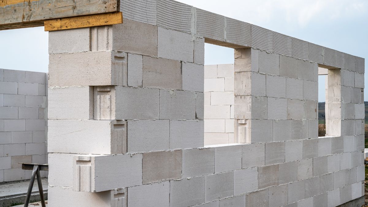 Stavebná konštrukcia z Ytongu s otvorom na okno a dverami.