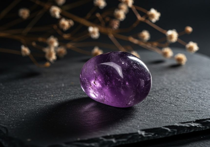 Ametyst kameň leží na čiernej doske s jemnými kvetmi v pozadí.