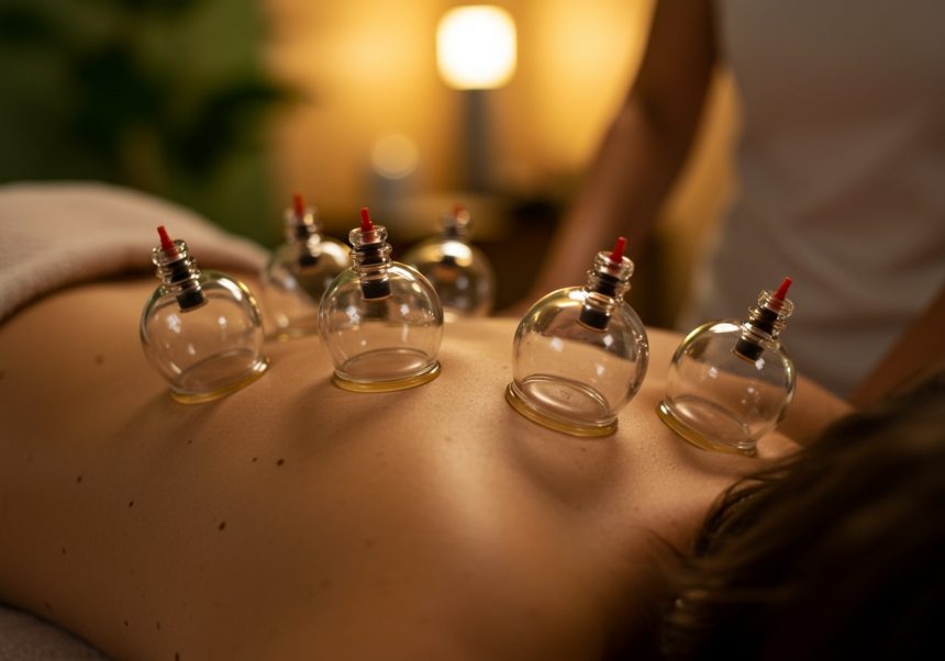 Na chrbte ležiacej osoby sú umiestnené sklenené banky na bankovanie.