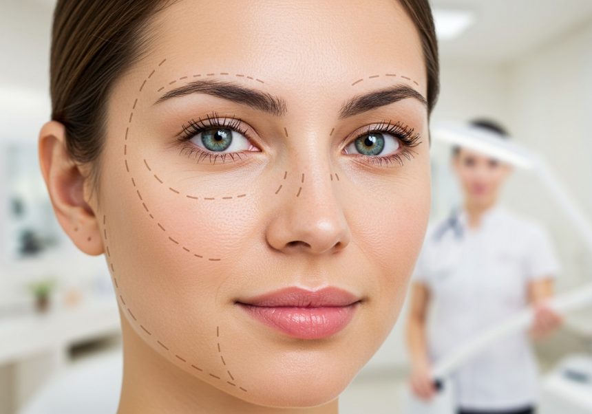 Žena s vyznačenými kontúrami na tvári pred estetickým zákrokom.