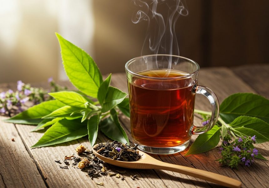 Šálka teplého čaju z technického konope s bylinkami a sušenými listami.