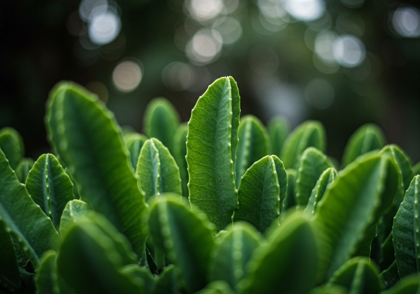 Zelené listy rastliny Caralluma Fimbriata na pozadí rozostreného svetla.