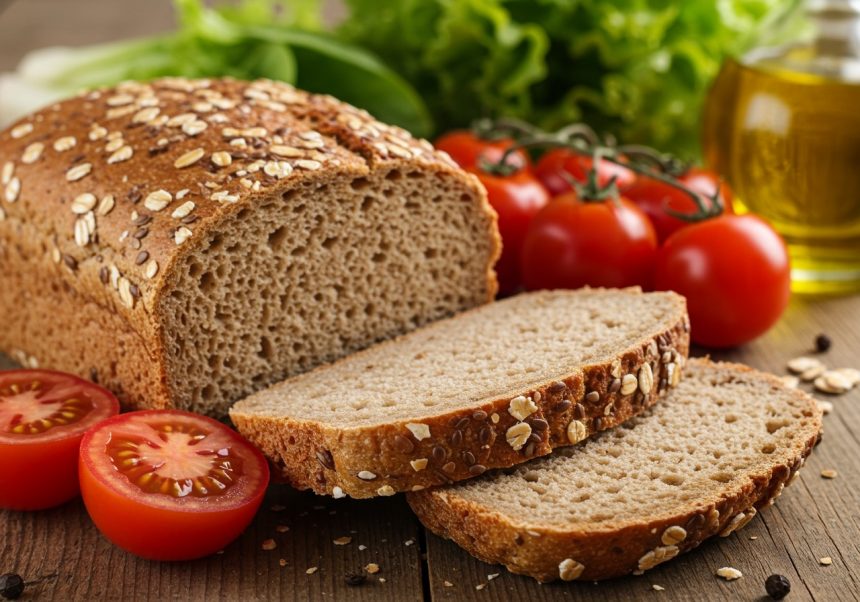 Celozrnný chlieb s plátkami rajčín a zeleninou na drevenej doske.