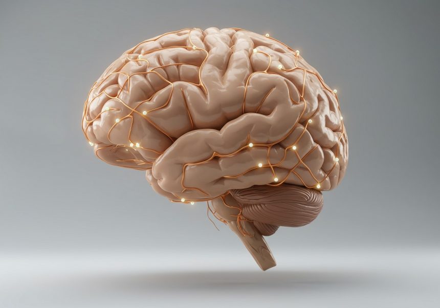 3D model mozgu s nervovými spojeniami, znázorňujúci centrálny nervový systém.