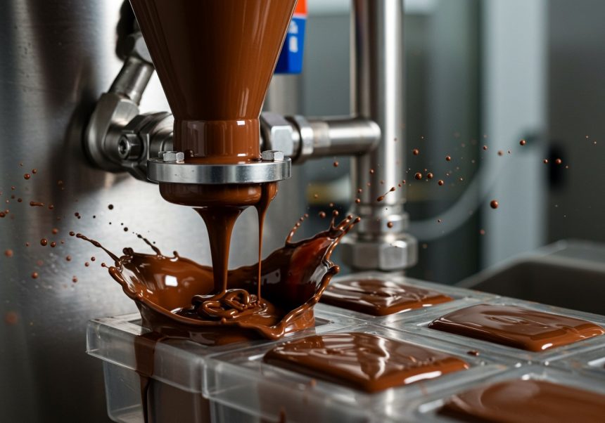 Čokoládové čerpadlo plní formy čokoládou, okolo sú kvapky čokolády.