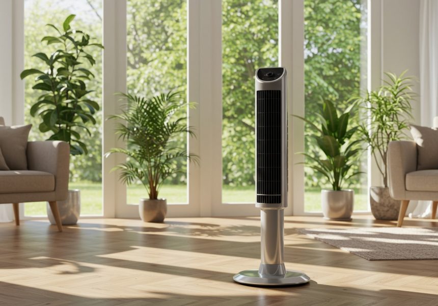 Stĺpový ventilátor v moderne zariadenej miestnosti s rastlinami.