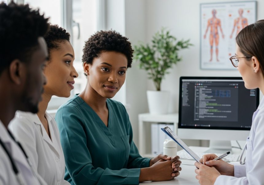 Skupina ľudí diskutuje o chemoterapii a jej vedľajších účinkoch v lekárskej kancelárii.