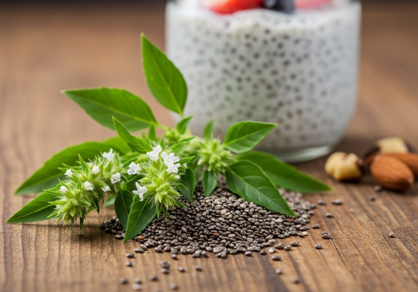 Chia semienka a čerstvé bylinky na drevenom stole, vedľa jogurtu.