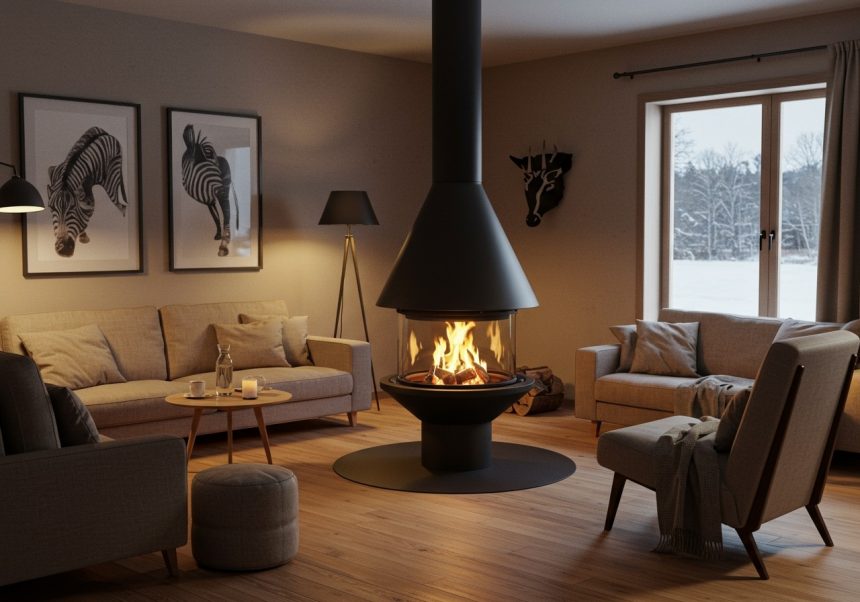 Moderný obývací priestor s krbom, ktorý zabezpečuje cirkulačné kúrenie.