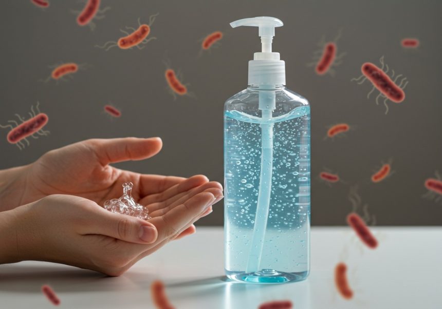 Ruka s dezinfekčným gélom a baktériami na pozadí.