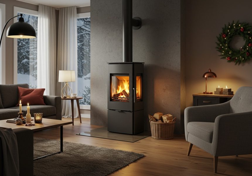 Moderná dvojkomorová pec v útulnej obývačke s plameňmi.