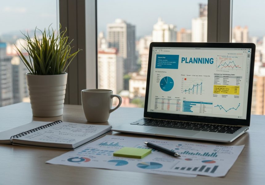Stôl s laptopom, grafmi a plánovaním v mestskom prostredí.