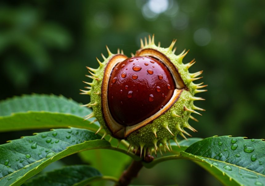 Gaštan konský s kvapkami vody na listoch, symbol prírodnej krásy.