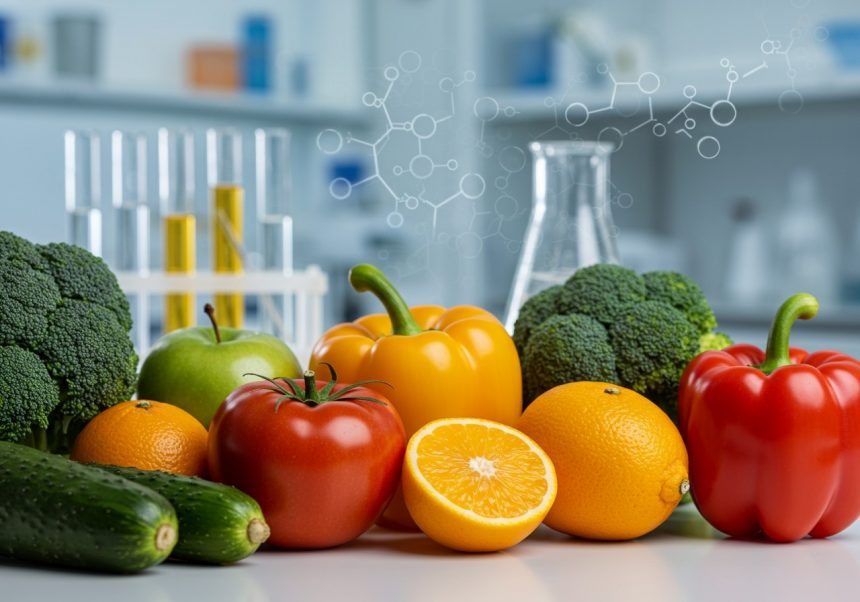 Rôzne druhy ovocia a zeleniny na laboratórnom stole s chemickými symbolmi.