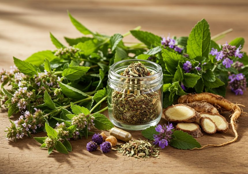 Sklenená nádoba s bylinkami, okolo čerstvé bylinky a korene.