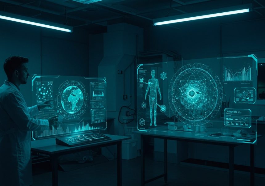 Vedec pracuje s holografickými obrazmi v laboratóriu, zobrazuje trojrozmerné dáta.