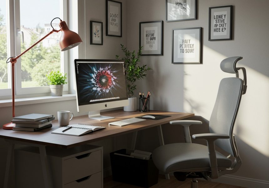 Moderný pracovný stôl s počítačom, lampou a rastlinou v domácnosti.