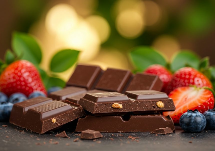 Kúsky horkej čokolády obklopené čerstvým ovocím, ako sú jahody a čučoriedky.