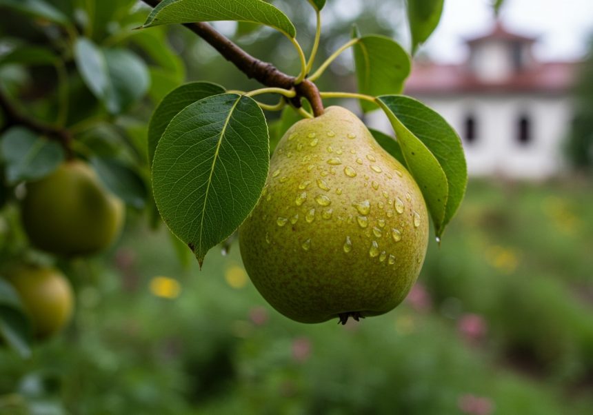 Zelená hruška s kvapkami vody visí na strome v kláštorných záhradách.