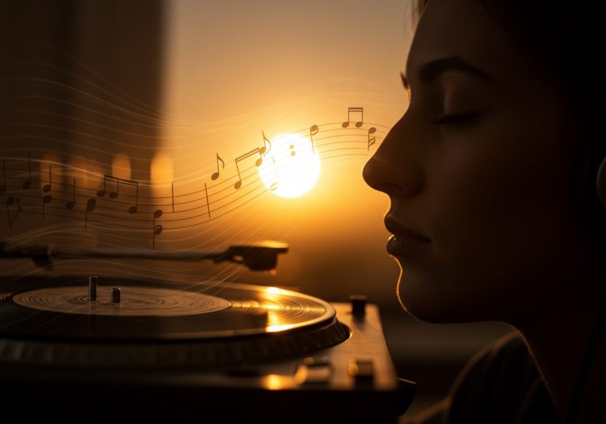 Žena počúva hudbu pri západe slnka, okolo nej sa vznášajú noty.