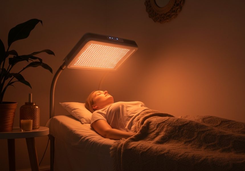 Žena relaxuje pod infračervenou lampou v útulnej miestnosti.