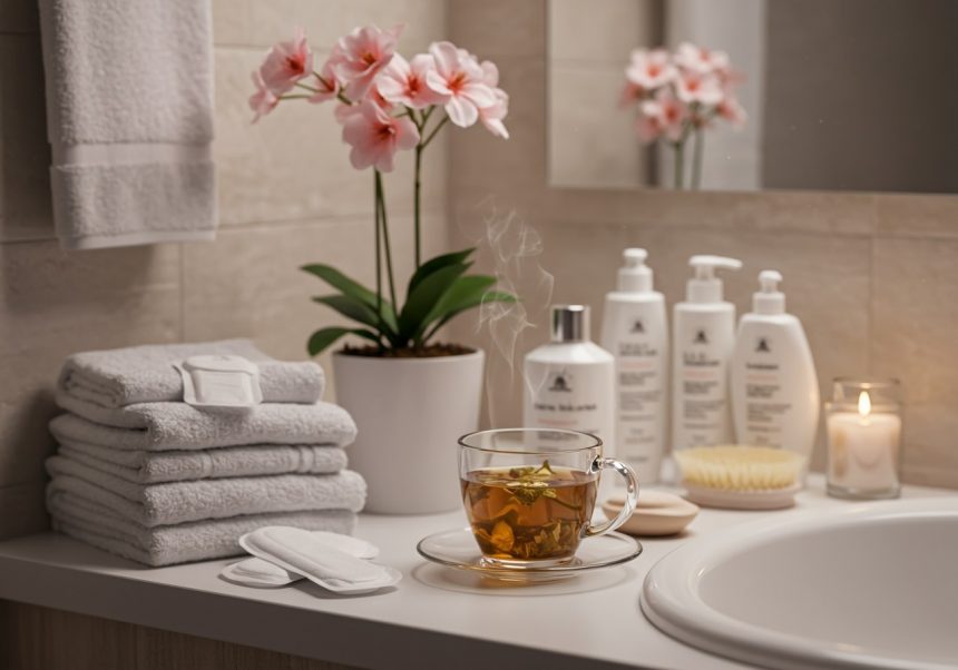 Kúpeľňa s čajom, kvetinou a kozmetikou na intímnu hygienu.