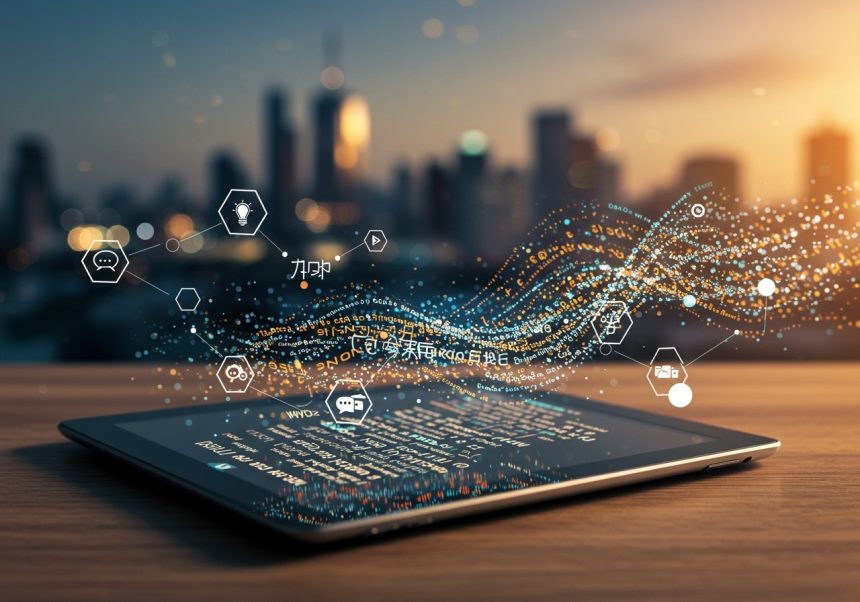 Tablet s digitálnym obsahom a symbolmi technológie v pozadí mesta.