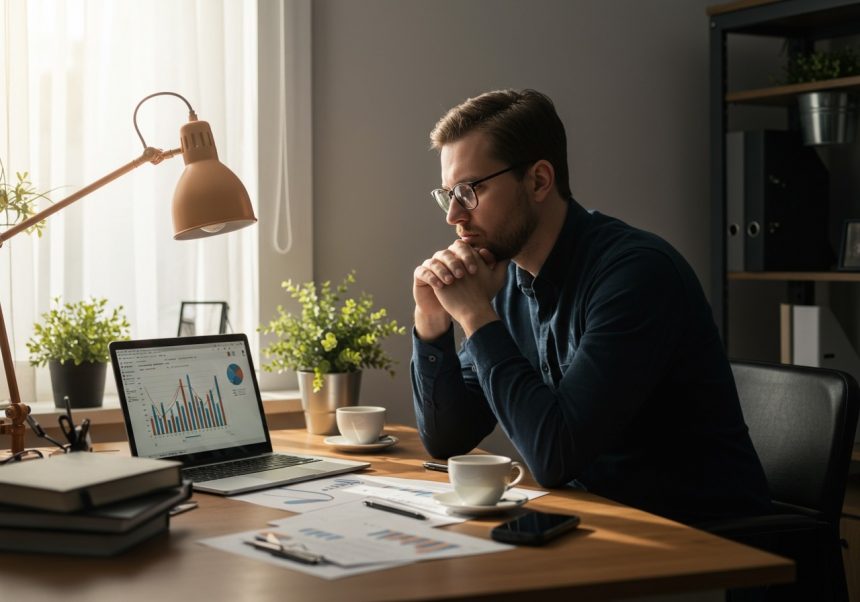 Muž zamyslený nad podnikateľskými grafmi na laptopu v kancelárii.