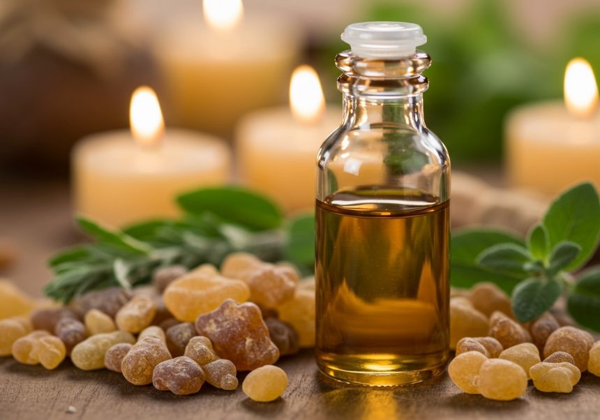 Fľaša kadidlového esenciálneho oleja obklopená kadidlom a sviečkami.