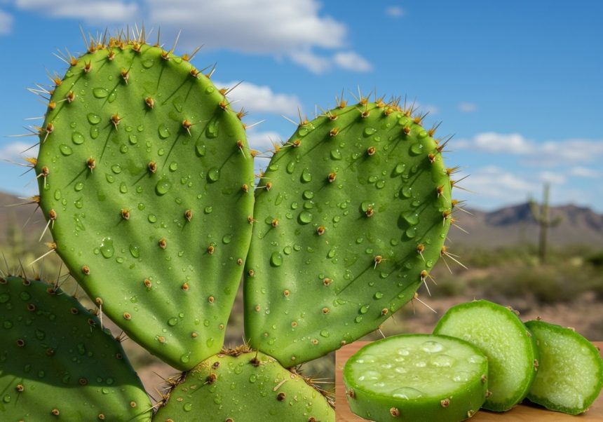 Zelený kaktus Nopal s kvapkami vody a nakrájanými plátkami na drevenej doske.