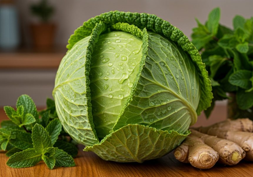 Čerstvá kapusta s kvapkami vody, obklopená mätou a zázvorom na drevenom stole.