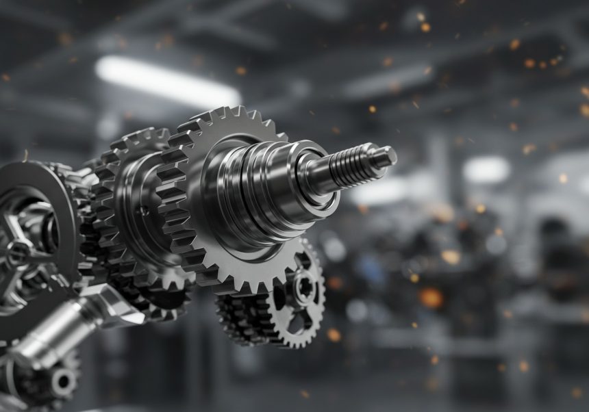 Detailný pohľad na kovové ozubené kolesá kladkostroja v priemyselnom prostredí.
