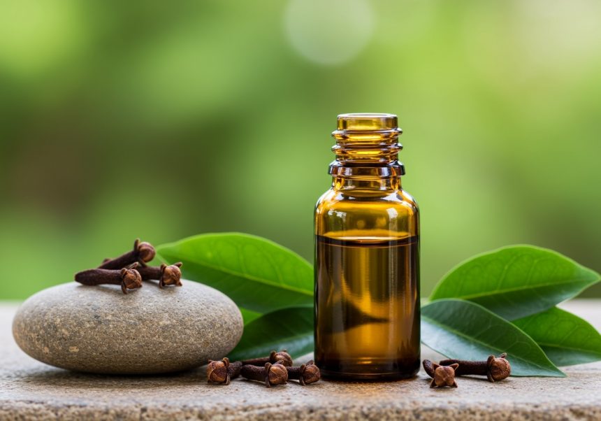 Fľaša s klinčekovým olejom vedľa kameňa a klinčekov na zelenom pozadí.