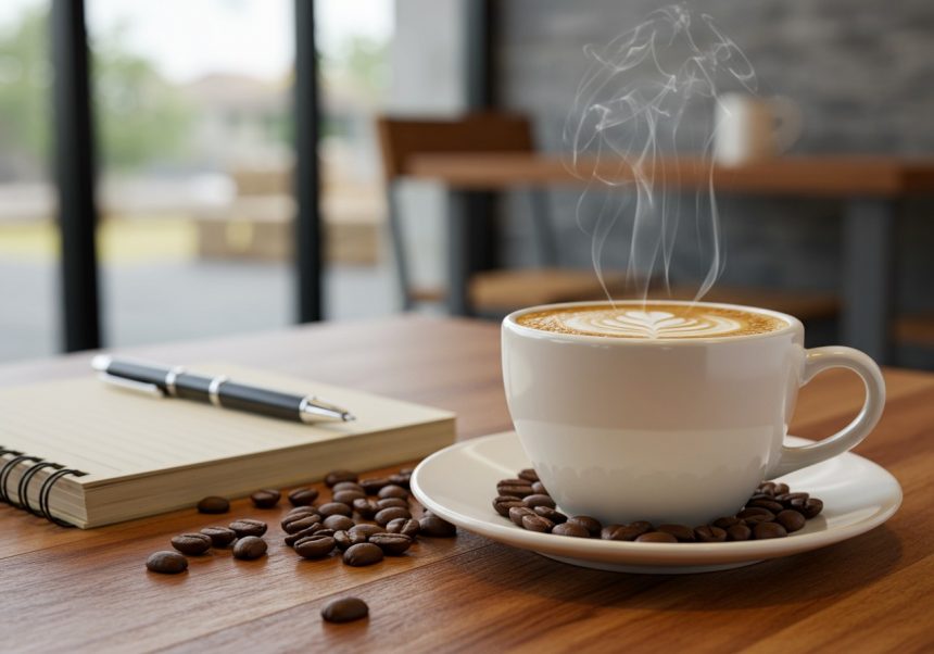 Šálka kávy s parou a kávovými zrnami na drevenom stole.