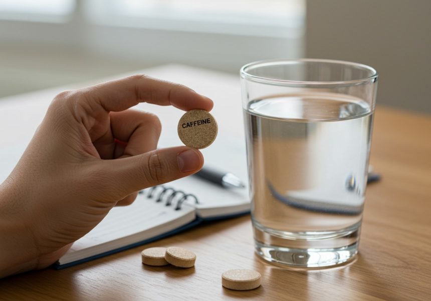 Ruka drží kofeínovú tabletu nad pohárom vody na stole.