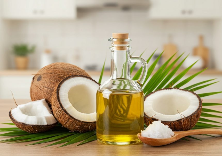 Fľaša kokosového oleja vedľa rozpoltených kokosov a kokosovej dužiny.