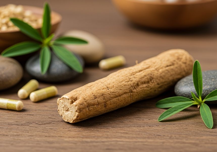 Koreň astragalu leží na drevenej doske s bylinkami a kapsulami.