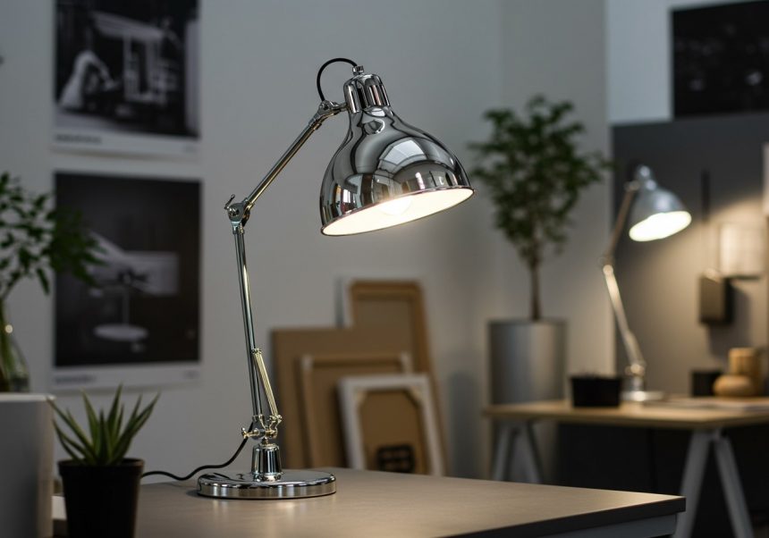 Kovovo-halogenidová lampa na stole, osvetľujúca moderný interiér.